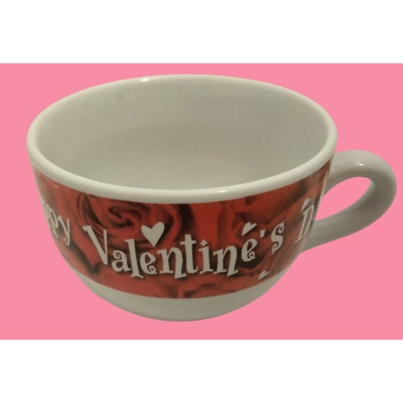Happy Valentines Day Red Rose Cup Ceramic Mug Wide Coffee Mug Soup Hearts Love - Picture 1 of 9